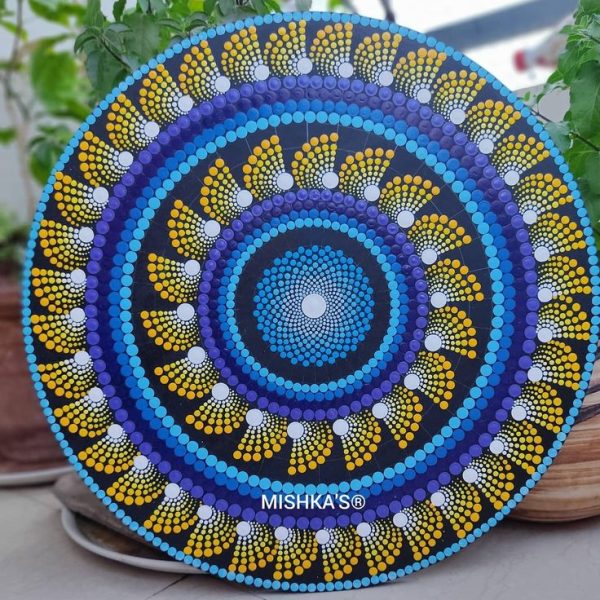 Hand-Painted Dotted Mandala Art Board Blue(Round)