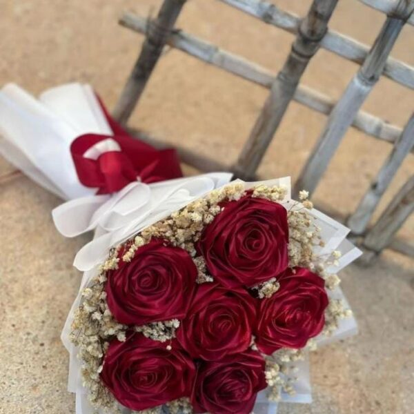 Handmade Red Ribbon 6 Rose Flower Bouquet